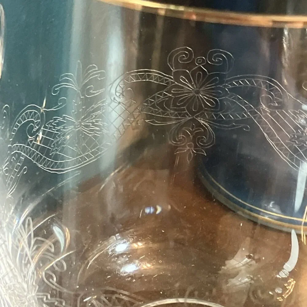 Vintage Ice Bucket Beautiful Etched Bohemian Glass W/ Gold Rim -Czech Republic